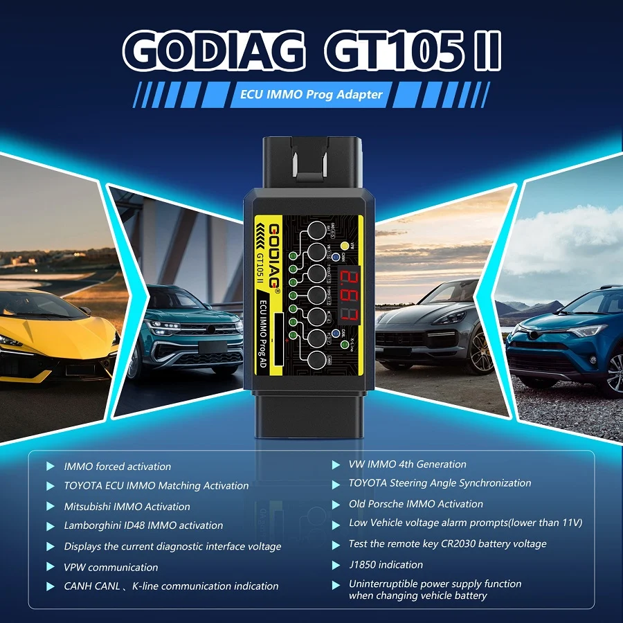 GODIAG GT105 II ECU IMMO Prog AD OBD2 Break Out Box ECU Connector Display Vehicle Voltage Car Battery Voltage Lower Than 11V Alarm Prompt - Product feature detail 1