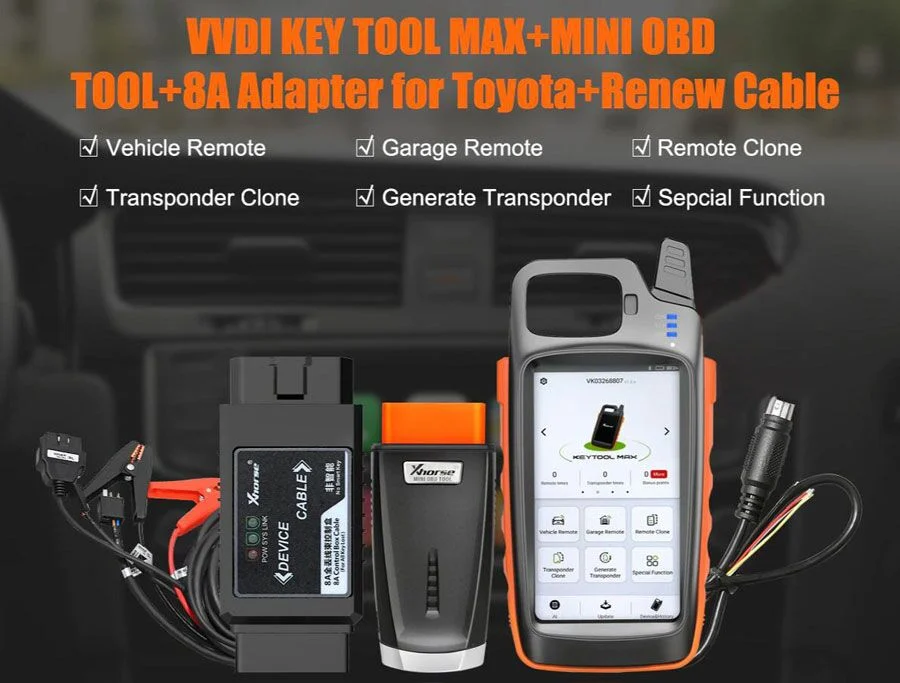 VVDI Key Tool Max + MINI OBD Tool + Toyota 8A All Keys Lost Adapter + Renew Cable - Included and compatible accessories