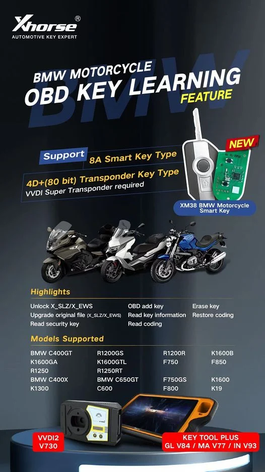 Xhorse BMW Motorcycle Authorization OBD Key Learning For VVDI Key Tool Plus/VVDI2/Key Tool MIDI - Product feature detail 1