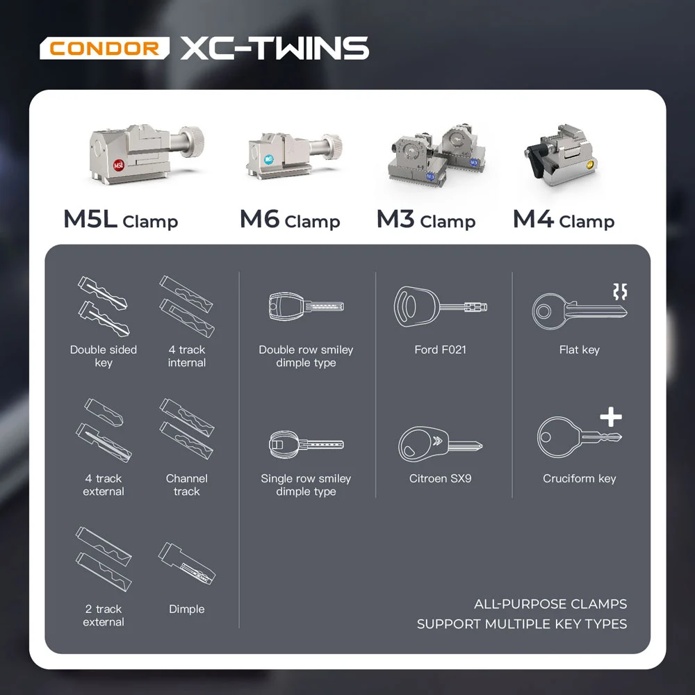 Xhorse CONDOR XC-TWINS Key Cutting Machine XCMT01GL AI Optical Recognition - Clamps, cutters, and working area