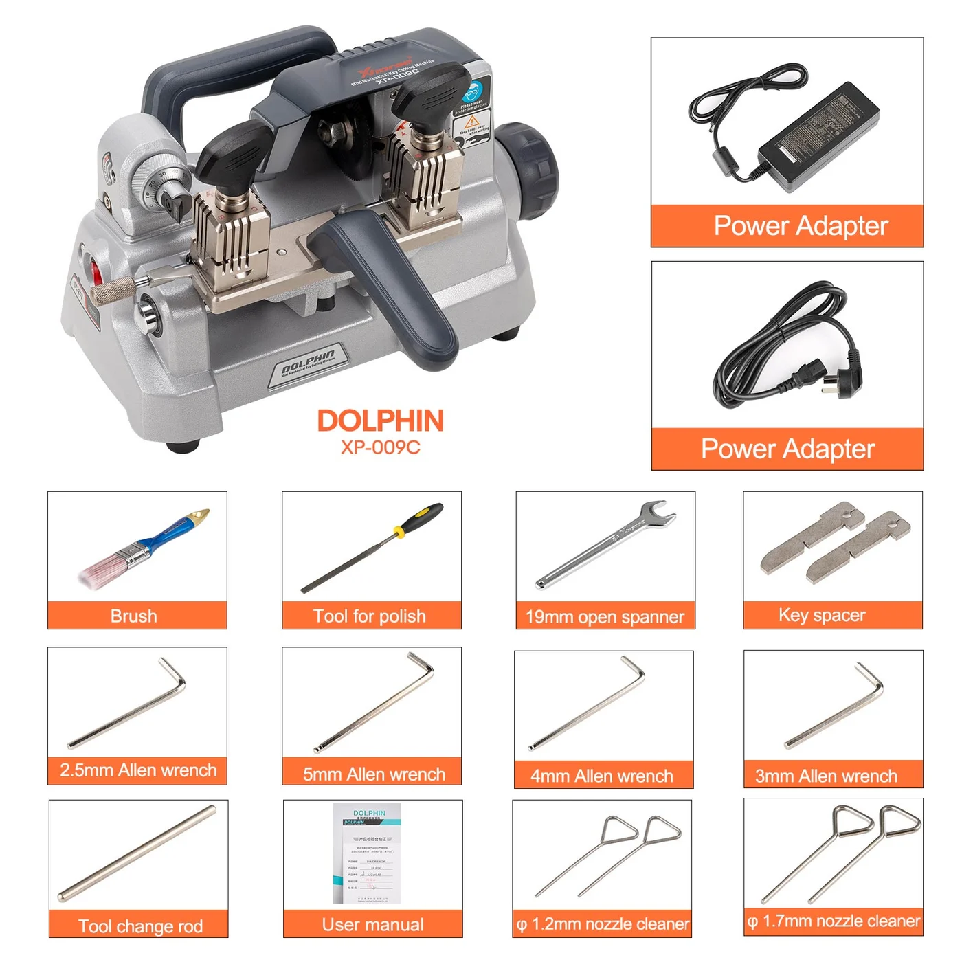 Xhorse Dolphin XP-009C XP0900CH Horizontal Key Cutting Machine no Battery for Single-Sided and Double-sided Keys - Included and compatible accessories