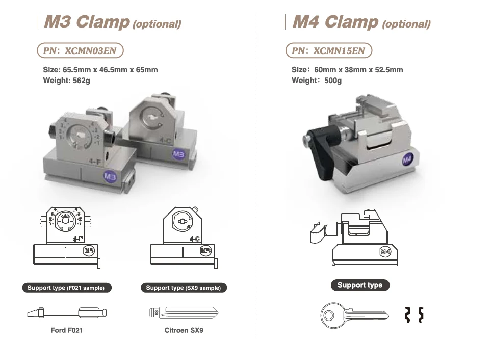 Xhorse Dolphin XP005 Key Cutting Machine plus Key Reader XDKP00GL - Compatible clamps, cutters, and probes
