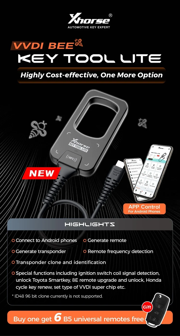 Xhorse VVDI Bee Key Tool Lite with 6 XKB501EN Wire Remotes Connect to Phone - Product feature detail 1