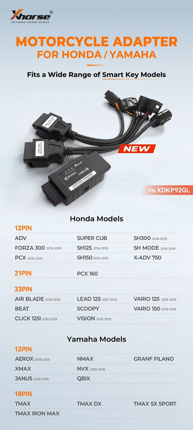 XHORSE XDKP92GL Motorcycle Adapter for HONDA/YAMAHA work with Key Tool Plus/MIDI - Product feature detail 1