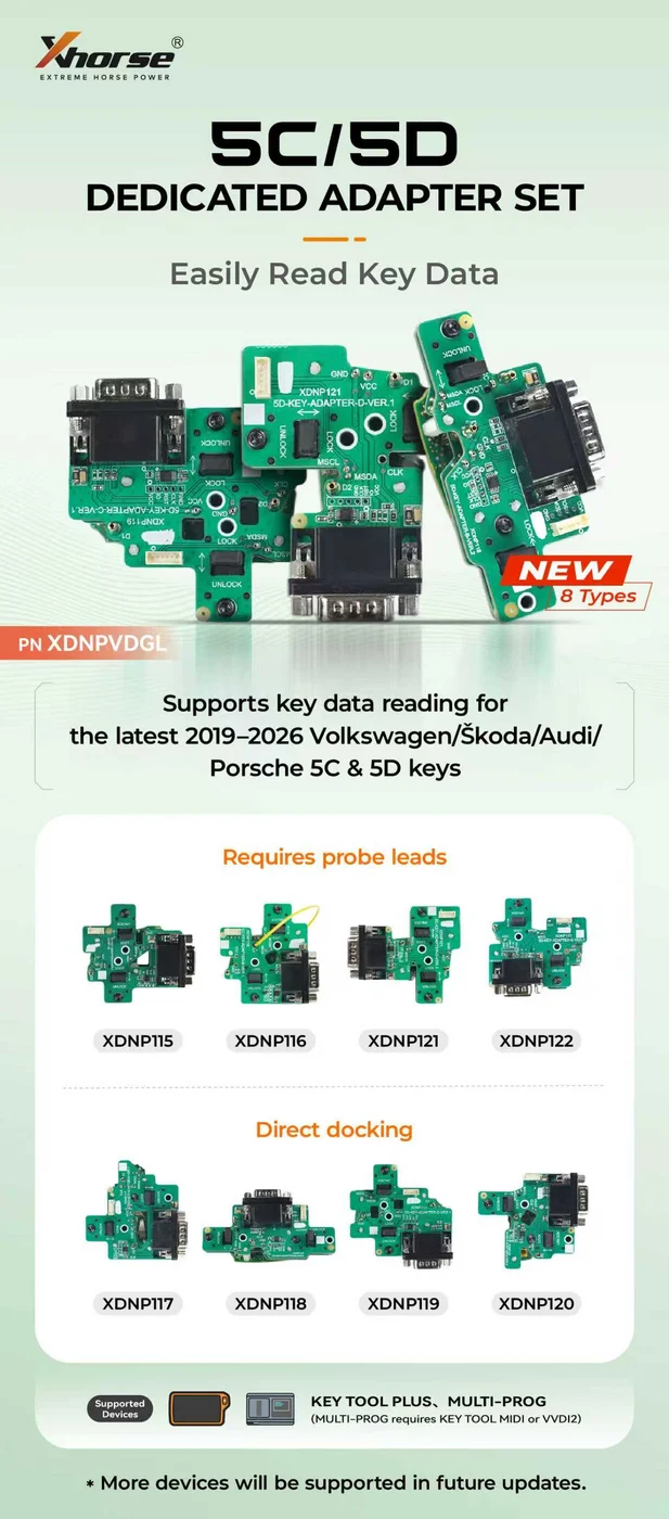 Xhorse XDNPVDGL MQB 5C/5D Dedicated Adapter Set work with Key Tool Plus/Multi Prog - Connection and adapter details