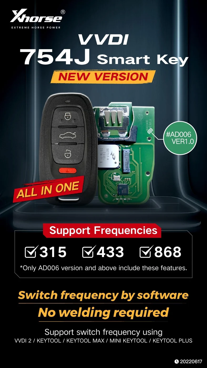 Xhorse XSADJ1GL VVDI 754J Smart Key for Audi A6L/Q5/A4L/A8L support 315mhz/433mhz/868mhz - Product feature detail 1