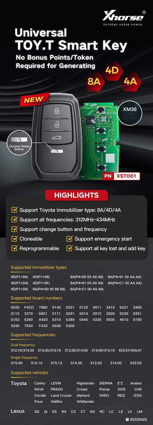 Xhorse XSTO01EN Smart Remote Key Toyota XM38 4D 8A 4A All in One 4 Buttons Key English 5pcs/lot - Product feature detail 1