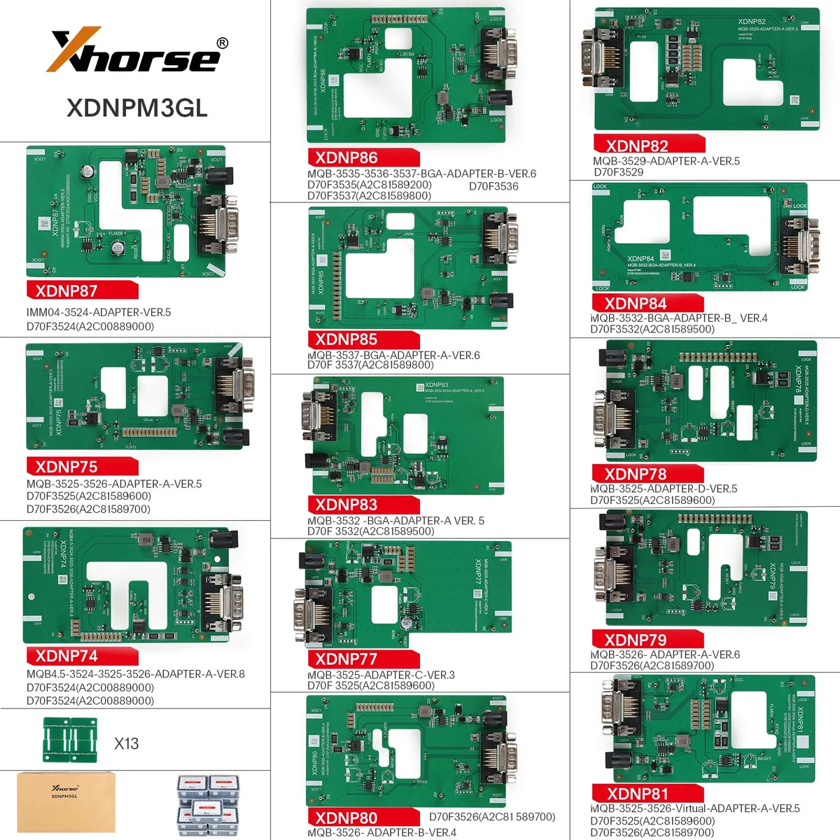 Xhorse XDNPM3GL MQB48 adapter Without Soldering Adapters Full Package 13pcs For Multi-Prog/VVDI Prog/Key Tool Plus